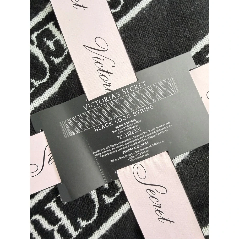 Victoria's Secret Winter Angel Black Logo Stripe Fringed Scarf NWT